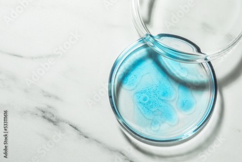 Petri dish with liquid and lid on white marble table, flat lay. Space for text