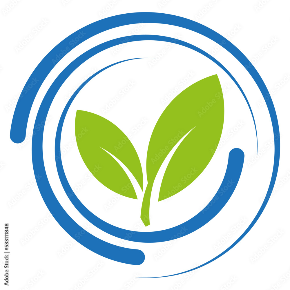 Zwei Blätter und Tropfen, Vegan, Wellness und Gärtner Logo Stock