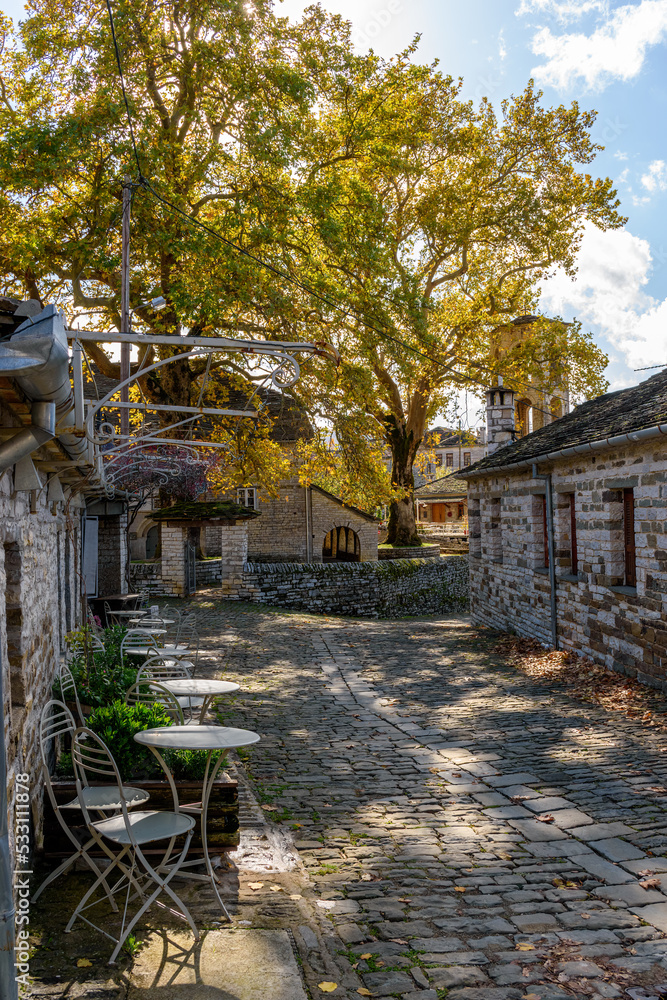 view of traditional architecture  with   stone buildings and  in the picturesque village of papigo , zagori Greece