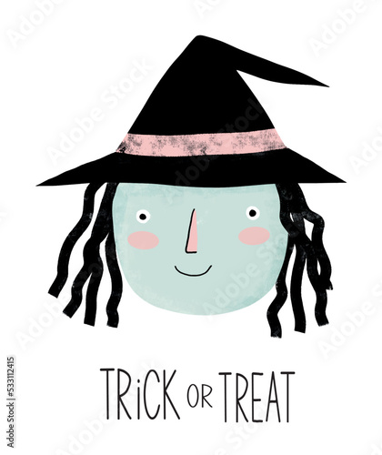 Cute Halloween Vector Illustration with Happy Witch on a White Background. Hand Drawn Halloween Card with Funny Witch in Black Hat and Black Handwritten "Trick or Treat".Kawaii Style Spooky Print.