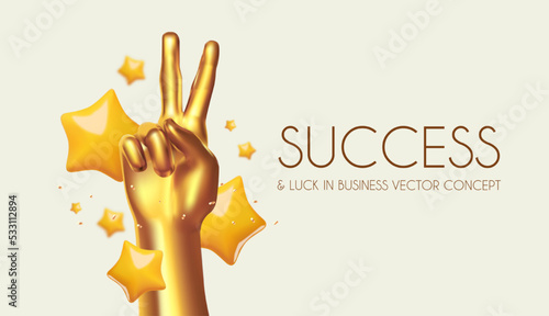 Success and finance luck concept with realistic gold hand and stars. Win, achieve, bonus, sale, special offer, making money and so on design template.