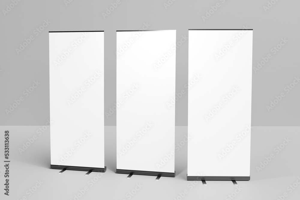 Blank roll up banner stand set. Empty mock up for presentation. 3d rendering Blank roll up banner stand set. Empty mock up for presentation. 3d rendering