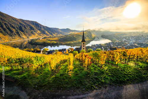 The Moselle loop in autumn, a beautiful river in Germany, makes a 180 degree loop. with vineyards and a great landscape and lighting in the morning. a golden autumn photo