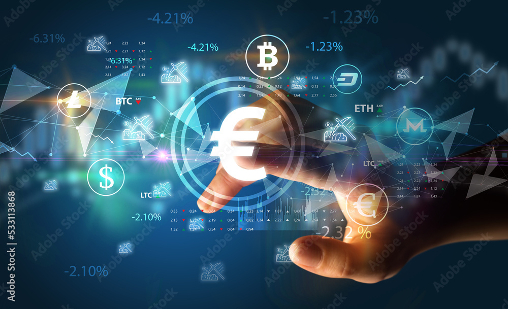 Business person hand pushing currency symbol on multimedia touch screen Business person hand pushing currency symbol on multimedia touch screen