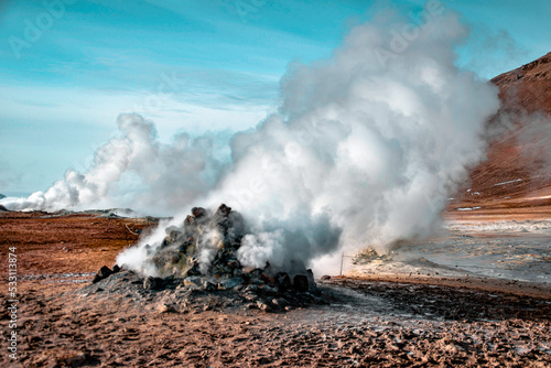 Geothermal area with sulfur fumaroles in Iceland 