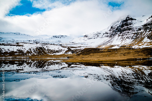Mountain lake and clouds with landscape reflection in Iceland