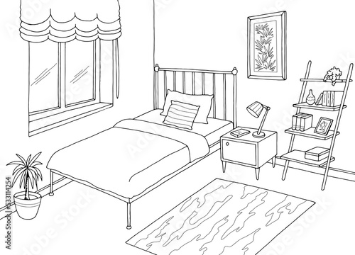 Bedroom graphic black white home interior sketch illustration vector 