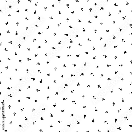Indian rupee symbol ditsy vector pattern seamless background. Black white monochrome backdrop with tiny tossed currency icons. Finance repeat. Graphic resource. For money,business, economy