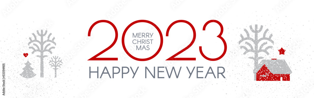 Happy New 2023 Year Christmas flyer with reindeer and winter landscape. Nordic design Happy New 2023 Year Christmas flyer with reindeer and winter landscape. Nordic design