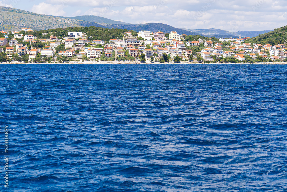 View of the mediterranean city from the sea. Rogoznica town on the Adriatic coast in Croatia. small fishing town on the croatian coast