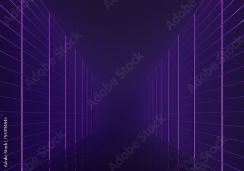 3D rendering of a long futuristic neon corridor going into perspective. Neon background, virtual reality, sci-fi modern empty stage reflecting, bright spectrum colors