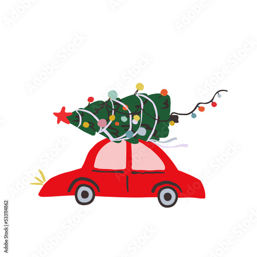 Postcard in flat cartoon style with cute red car carries a Christmas tree on the roof. Vector illustration
