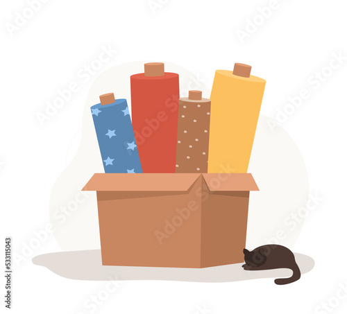 Fabric rolls in cardboard box. Sewing workshop or textile store concept. Seamstress accessories for handmade clothing. Vector illustration in flat cartoon style.