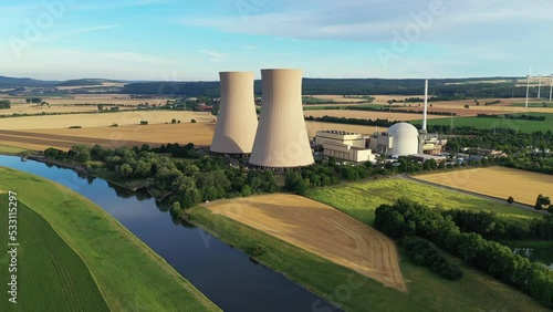 View of drone of nuclear power plant and river