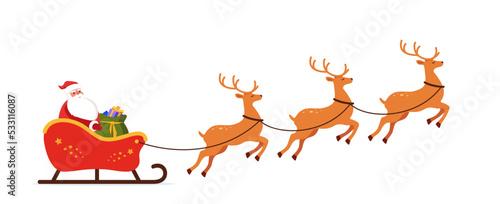 Santa Claus with gifts on Sleigh and His Reindeers. Christmas Greeting card vector illustration.