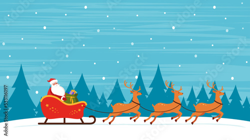 Santa Riding In Sledge With Reindeers on winter snowy background. Christmas Greeting card vector illustration.