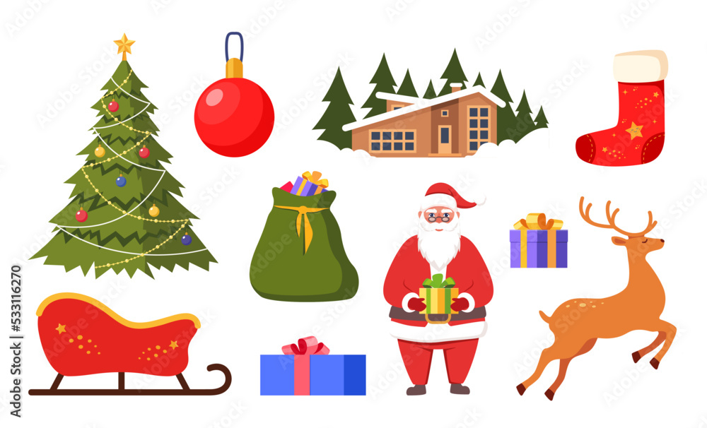 Christmas big set, New Year holiday decoration elements. Santa Claus, reindeer, Christmas tree ball, sock, sleigh, gift bag, gift box. Vector illustration. Christmas big set, New Year holiday decoration elements. Santa Claus, reindeer, Christmas tree ball, sock, sleigh, gift bag, gift box. Vector illustration.