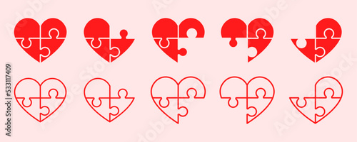 Set of puzzle hearts vector icons. Red hearts puzzle pieces. Together sign. Vector 10 EPS.
