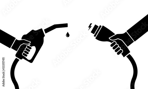 Car charger connector and pump fuel petrol. Fuel station and point alternative green energy. Eco transport.