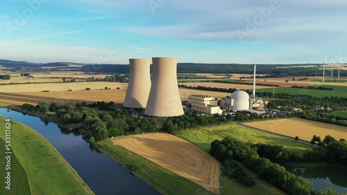 View of drone of nuclear power plant and river