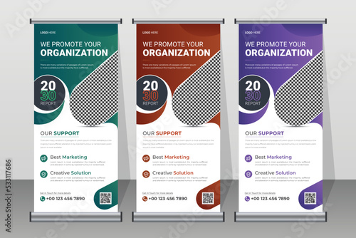 Professional corporate business roll up standee banner design template with abstract curve shapes