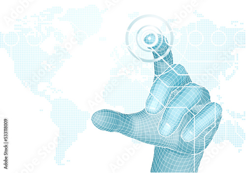 Hand wireframe selecting 3D world technology concept