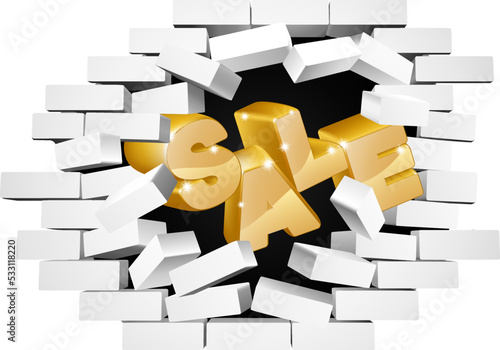 A sale sign breaking through a brick wall concept