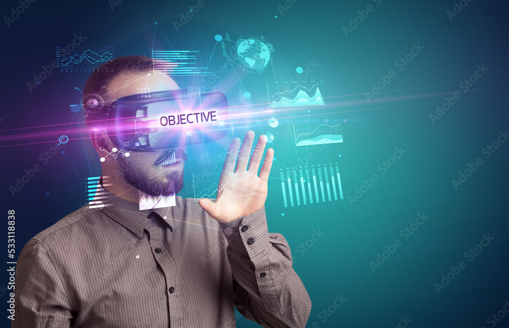 Businessman looking through Virtual Reality glasses Businessman looking through Virtual Reality glasses