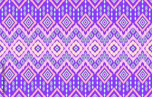 Elegant pastel pink color ikat patterns on purple background. Geometric rice seed line motif retro style. Ethnic fabric ikat seamless pattern. Asian folk ikat print vector design for clothing textile.