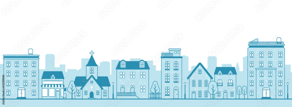 Modern cityscape, town street flat vector illustration