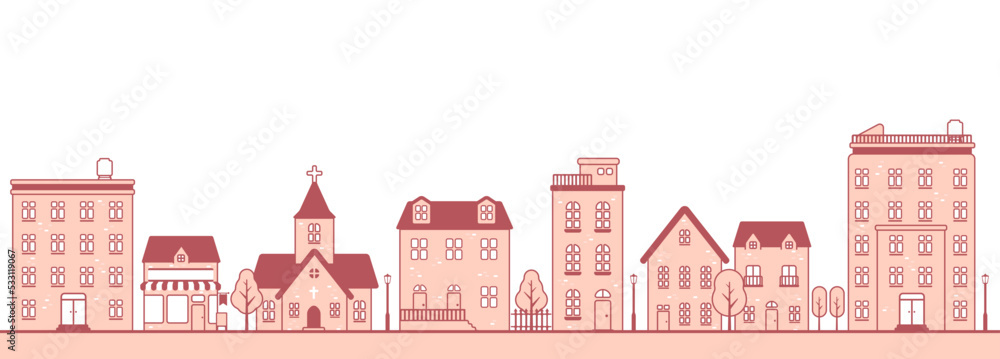 Modern cityscape, town street flat vector illustration