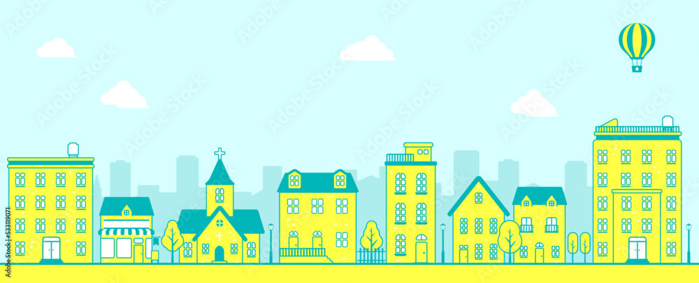 Modern cityscape, town street vector banner illustration