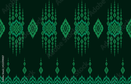 Royal elegant glowing dark green background ikat seamless patterns. Geometric ornate luxurious line ethnic ikat fabric pattern. Asian folk print vector design for clothing textile vintage retro style.