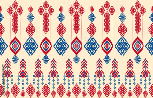 Asian folk geometric ethnic red blue line ikat seamless fabric pattern. Royal elegant eggshell color background. Embroidery mofif boho art print vector design for clothing textile vintage retro style.