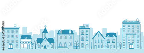 Modern cityscape, town street flat vector illustration