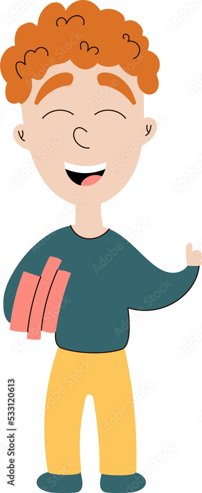Happy cartoon kid. Red hair boy with books smiling