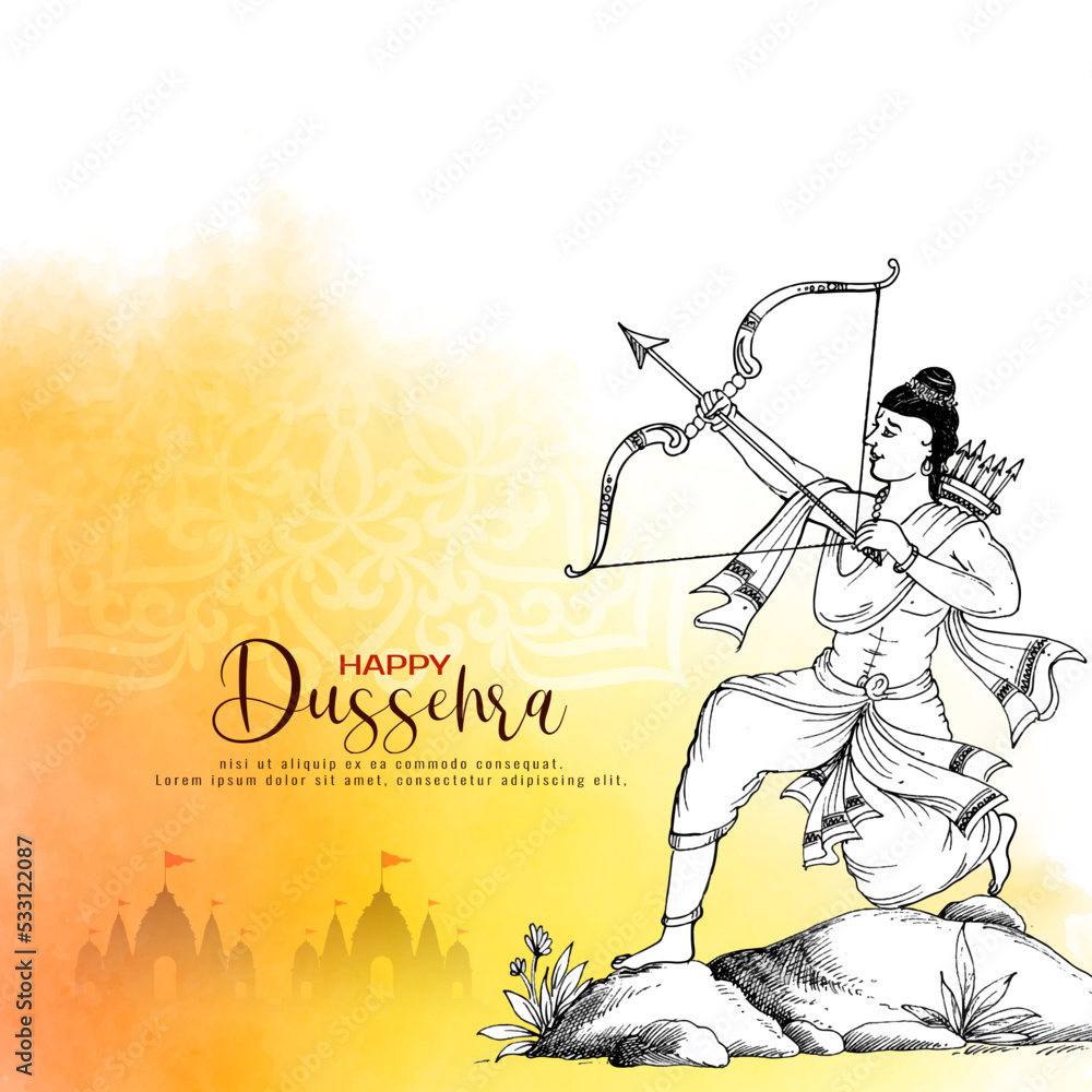 Happy Dussehra festival celebration card with lord rama holding bow and arrow - obrazy, fototapety, plakaty 