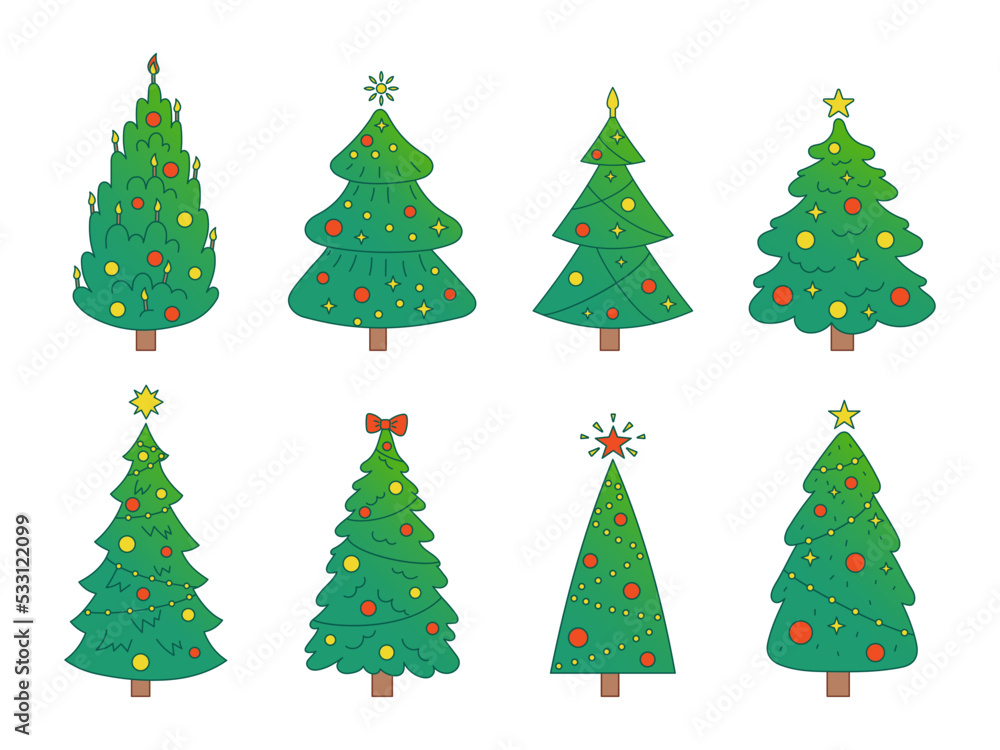 Vector New Year set with christmas trees. Evergreen trees with balls, stars and garlands. Gradient fir trees for Christmas.