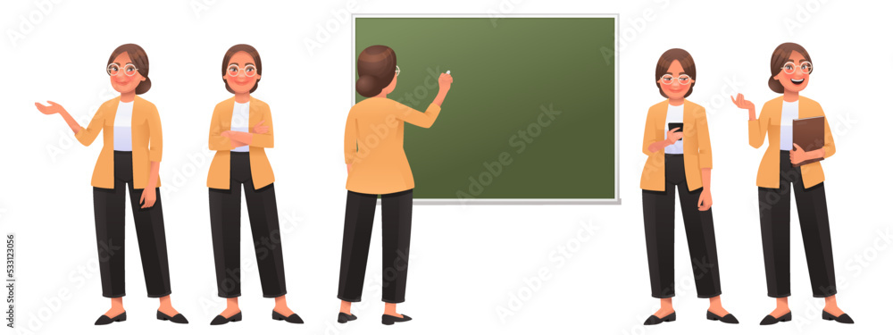 Fototapeta premium Teacher woman character set. Friendly teacher points, poses, writes on the blackboard, looks at the phone, speaks