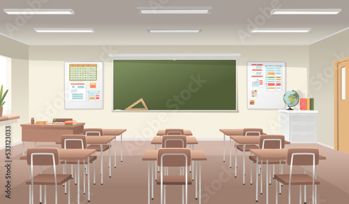 School classroom interior. A bright spacious room with a blackboard and desks for studying science and education
