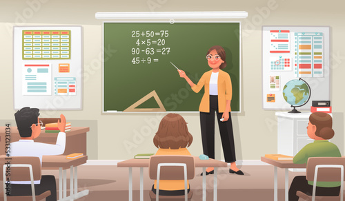 Kind teacher in a classroom with students studying mathematics. Primary School. Vector illustration