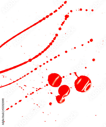 Drops of red paint on a white background.