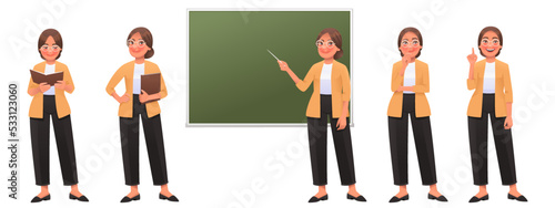 Teacher woman character set. Happy teacher pointing at the blackboard, posing, reading, thinking, idea