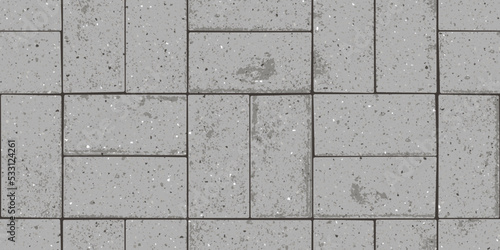 Pavement with interlocking textured bricks seamless pattern. Vector pathway texture top view. Outdoor concrete slab sidewalk. Cobblestone footpath or patio. Concrete block floor