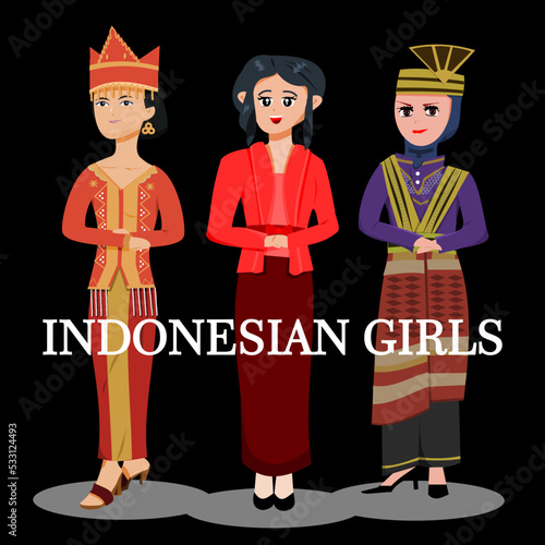 Diversity Traditional Banda Aceh Dress,  Traditional Java Dress, and Traditional Central Sulawesi Dress from Republik Indonesia Vector Illustration Design. Indonesian Girls Illustration. 