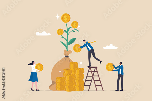 Mutual fund, investment growth or wealth management, financial profit or earning from stock market, savings and growing money concept, people put money on mutual fund with money growing sprout.