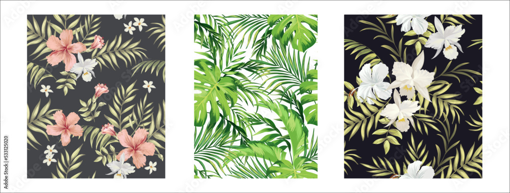 Set of tropical seamless vector pattern. Collection of tropic botanical illustration.