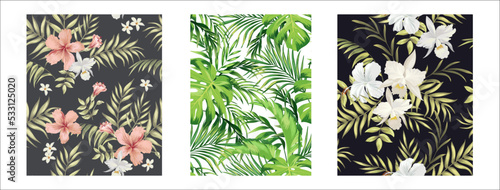 Set of tropical seamless vector pattern. Collection of tropic botanical illustration.