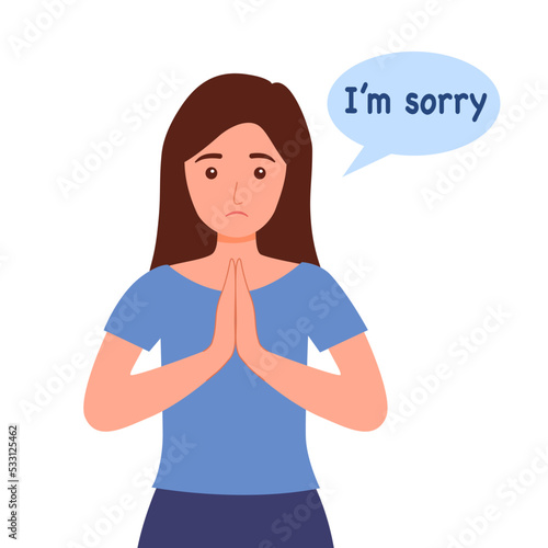 Woman saying I’m sorry in flat design on white background. Apologize.