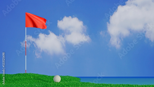 3D golf course near water source sea view red flag and white golf on green grass field windy blue sky white clouds in a fresh day